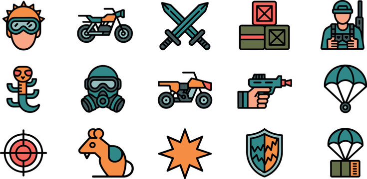 Action battle royale survival game icon set with military soldier, weapons, vehicles, gas mask, supply crates, and parachute airdrop elements.