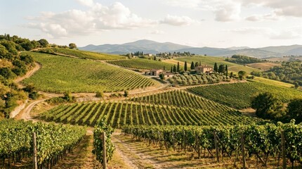 Naklejka premium Rolling vineyards stretch across a sunlit landscape under a bright sky with distant hills