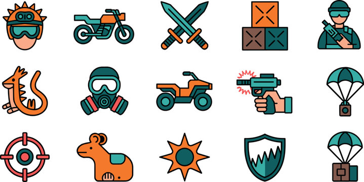 Action battle royale survival game icon set with military soldier, weapons, vehicles, gas mask, supply crates, and parachute airdrop elements.