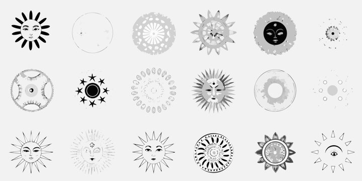 Celestial sun and moon face illustrations grayscale pattern on light background