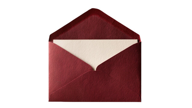 Open deep red textured envelope with cream paper insert, isolated on transparent background