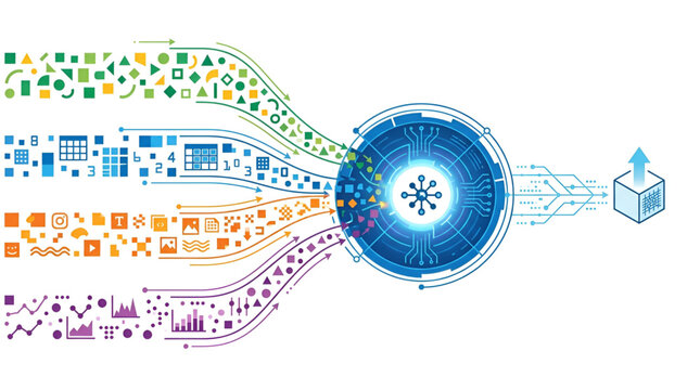 Data streams converging into central processing hub with outgoing processed information cube