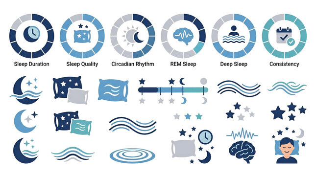 Sleep cycle infographic elements with moon stars pillows and brain waves