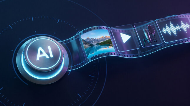 Glowing artificial intelligence button integrated with a cinematic film strip showing digital media production concepts today