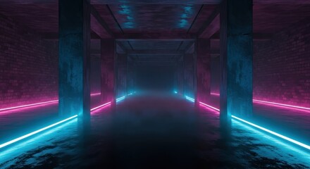Fototapeta premium Futuristic Underground Corridor with Glowing Neon Blue and Pink LED Lights and Fog in Cyberpunk Style