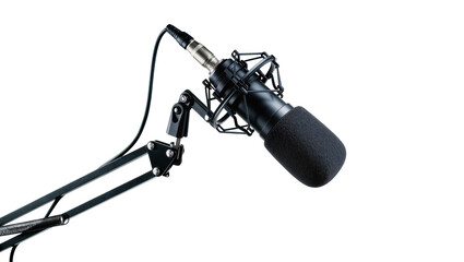 Professional black condenser microphone on adjustable boom arm, isolated on transparent background © Sorin