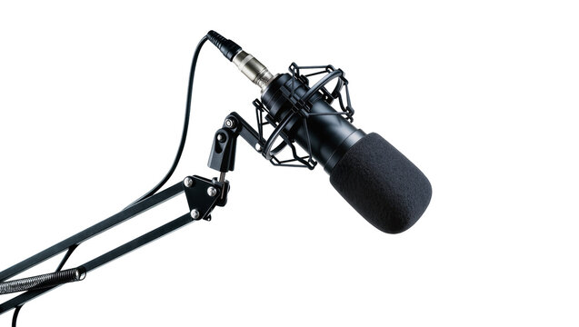 Professional black condenser microphone on adjustable boom arm, isolated on transparent background