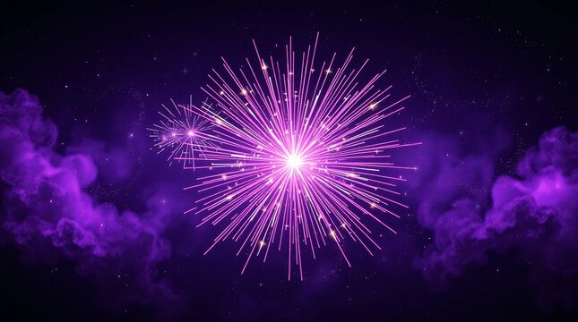 Vibrant purple fireworks exploding in the night sky with smoke and stars