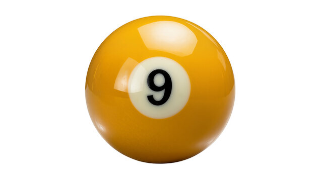 Yellow nine ball with black number, isolated on transparent background