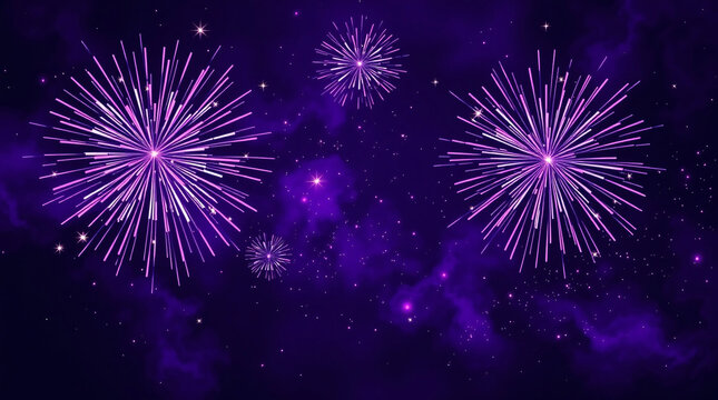 Vibrant purple fireworks exploding in a starry night sky with bright sparks