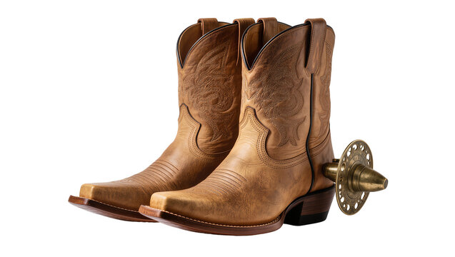 Brown leather cowboy boots with ornate brass spur attached, isolated on transparent background