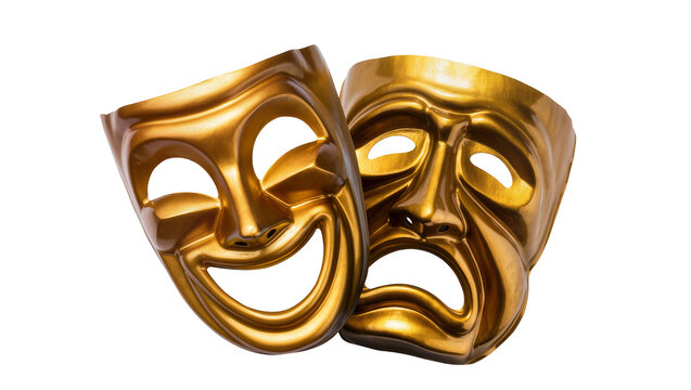 Golden comedy and tragedy theater masks, isolated on transparent background