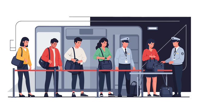 Train Station Security Checkpoint: Passengers and Officer