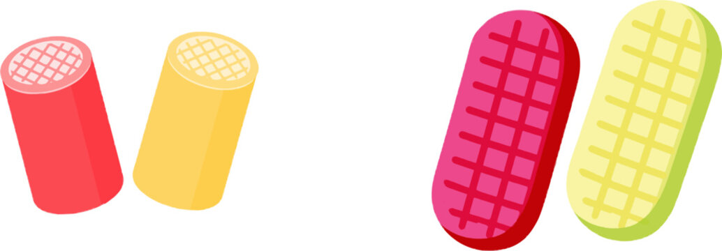 A clean flat vector illustration of two rolled pink and yellow rubber finger cots with a simplified non-slip grid texture on the tips is isolated against a solid white background