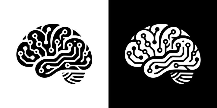 Circuit board brain illustration on white and black backgrounds