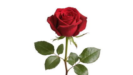 Fototapeta premium Single deep red rose with green leaves, isolated on transparent background