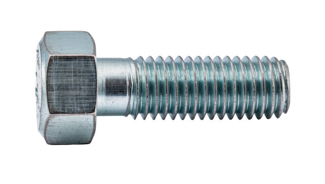 Hexagonal metal bolt with threaded shaft, isolated on transparent background