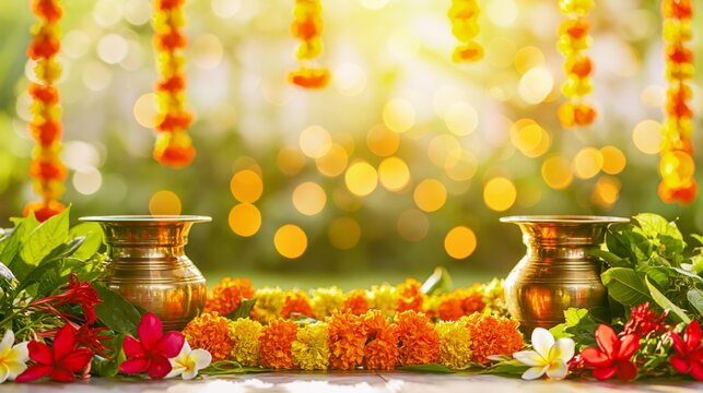 Traditional Hindu Festival Decor with Copper Kalash, Marigold Garland and Mango Leaves Banner. for Ugadi, Gudi Padva, Hindu New Year, Diwali, Onam, Pongal