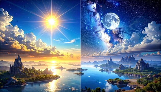 昼と夜が同じ空に共存する幻想的な風景、神秘的で壮大な雰囲気、ファンタジー背景向け