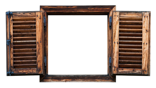 Rustic wooden louvered shutters open and aged, isolated on transparent background