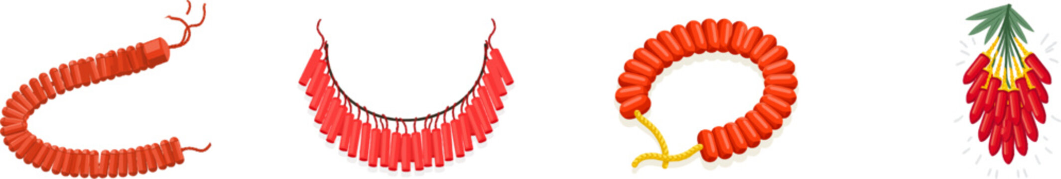 A festive flat vector illustration depicts a long, unfurled Chinese firecracker string made of hundred bright red squibs with braided fuses, isolated on a solid white background