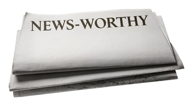 Stack of newspapers with NEWS-WORTHY headline, isolated on transparent background