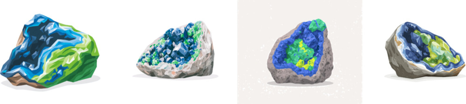 A stunning geode illustration showcases a raw azurite-malachite mineral specimen with intergrown deep blue and vibrant green crystal textures within its rock cavity, isolated on a solid white
