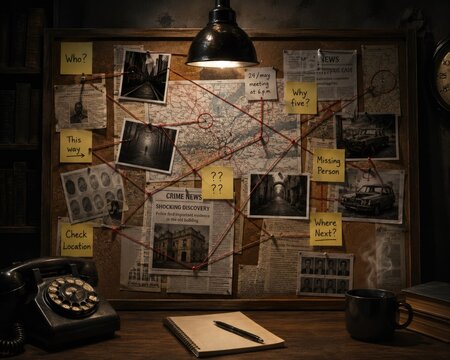 Detective Investigation Board with Evidence and Clues
