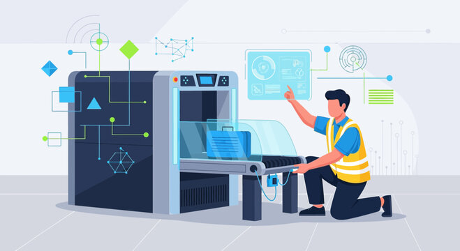 Technician working with advanced digital scanning machine and futuristic interface