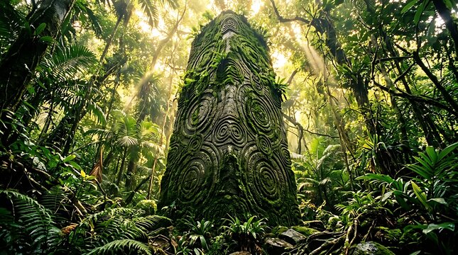 Ancient mossy monolith standing in a lush tropical jungle