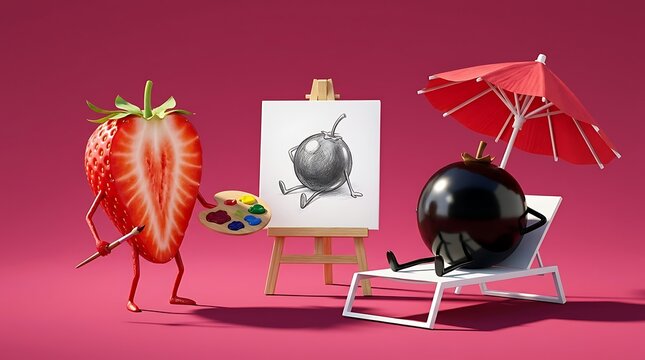 Karakter stroberi memegang palet warna untuk melukis buah blackcurrant pada kanvas yang melambangkan imajinasi artistik dan persahabatan dalam dunia seni.
