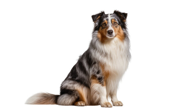 Blue merle Australian Shepherd dog sitting, isolated on transparent background