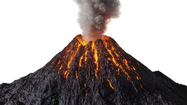 Active volcano erupting molten lava and smoke, isolated on transparent background