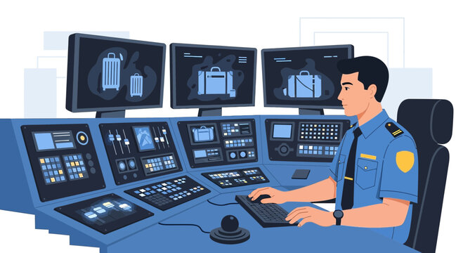 Security officer monitors screens with luggage scans at control center