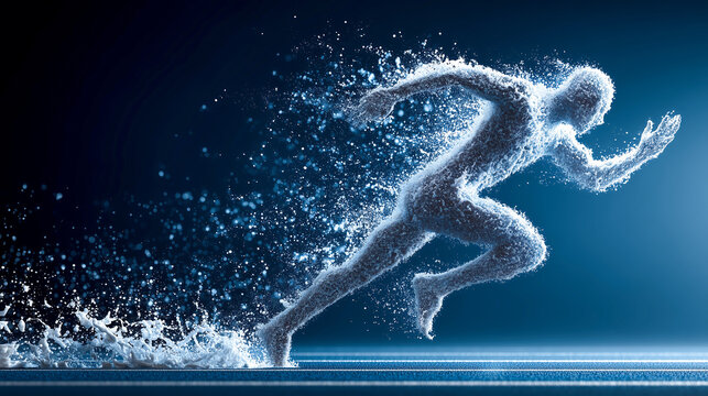 Dynamic silhouette of runner made from splashing milk droplets sprints athletic track, capturing motion and energy. scene is set against dark blue background, emphasizing fluidity and speed