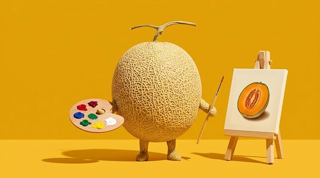 Karakter melon jenaka melukis potret dirinya di atas kanvas dengan kuas melambangkan konsep kreativitas seni dan ekspresi diri visual