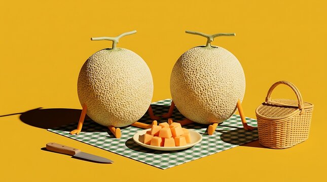 Dua karakter melon duduk bersama menikmati piknik potongan buah di atas karpet melambangkan konsep kebersamaan persahabatan dan kebahagiaan sederhana