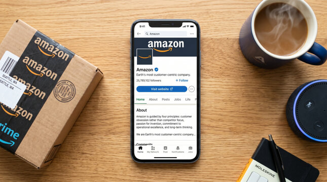 Smartphone displaying official Amazon LinkedIn company profile page in a professional workspace environment next to an Amazon Prime delivery package, coffee mug, and an Echo Dot smart speaker.
