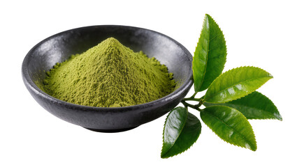 Green matcha powder in dark bowl with fresh tea leaves © Gabriela