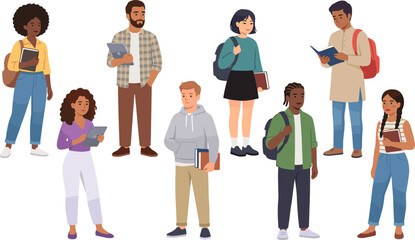 Obraz premium Diverse group of students with backpacks and books, multicultural young people standing together, education and learning concept illustration for back to school theme