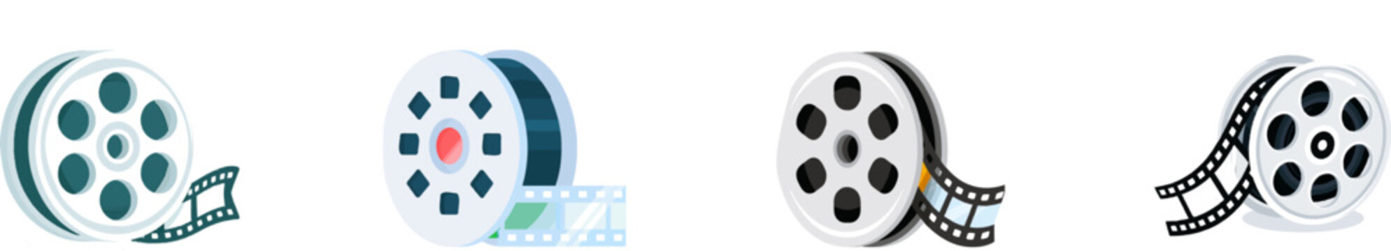 A classic media flat vector icon of a metallic film reel features an unspooled strip with transparent celluloid frames and square sprocket holes, isolated on a solid white background