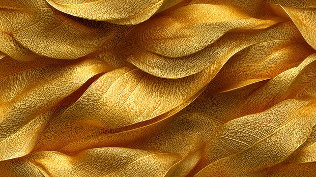 Luxurious pattern of overlapping gold leaf with subtle creases and folds, creating rich and elegant texture. Ideal for finance or luxury backgrounds