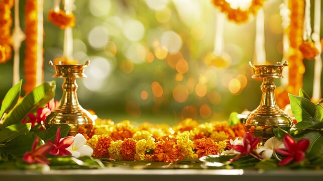Traditional Hindu Festival Decor with Copper Kalash, Marigold Garland and Mango Leaves Banner. for Ugadi, Gudi Padva, Hindu New Year, Diwali, Onam, Pongal