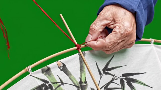 Elderly hands meticulously assembling a traditional bamboo kite frame with intricate string work in natural light