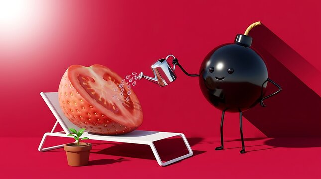 Karakter bom hitam menyiram potongan stroberi raksasa di kursi santai menggunakan teko air, melambangkan ledakan pertumbuhan dan perawatan nutrisi inovatif.