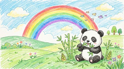 Fototapeta premium Cute Panda Eating Bamboo Under a Vibrant Rainbow in a Green Landscape.