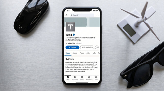 Smartphone displaying American electric vehicle and clean energy company Tesla Profile on LinkedIn in a workspace environment with miniature car model, wind turbine, and sunglasses on desk.