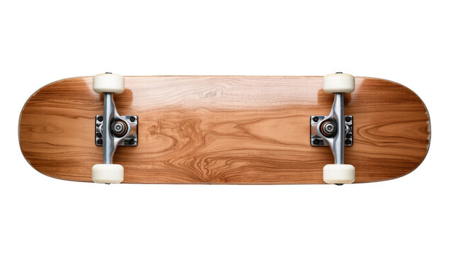 Wooden skateboard deck with metal trucks and white wheels