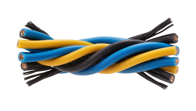 Twisted electrical wires with blue yellow, and black insulation