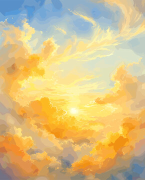 Golden hour sun breaking through dramatic, painterly clouds, casting warm light across the sky.